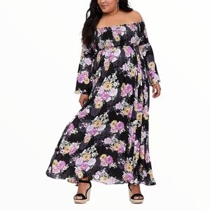 NWOT! BLACK FLORAL CHALLIS OFF SHOULDER MAXI DRESS